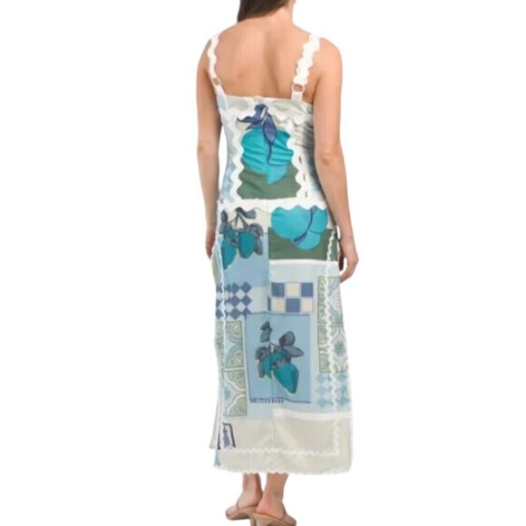 DALIA MACPHEE BLUE MULTI Ribbon Trim Tile Print Tuscany Maxi Dress - Picture 2 of 16